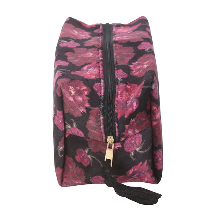 Zip-close polyester makeup bag with gothic dark rose design and a black tassel zip.