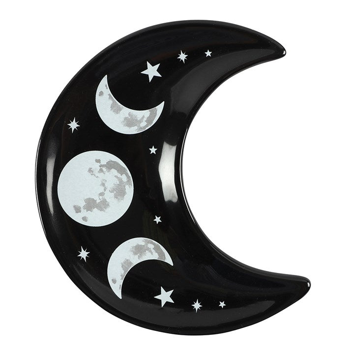 Black crescent moon shaped trinket dish, finished with a contemporary silver moon-phase design.