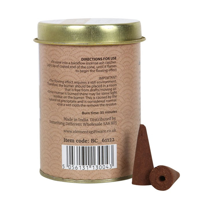 Elements Palo Santo backflow incense cones presented in a themed tin with a golden-effect lid.