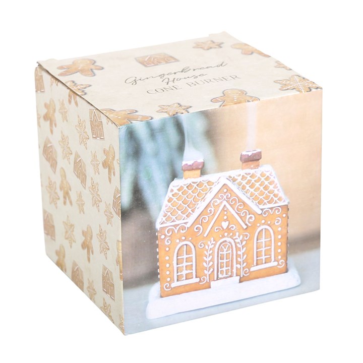 Charming incense cone burner, shaped like a traditional gingerbread house. Presented in a themed box.