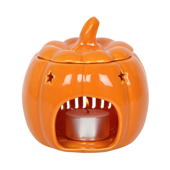Ceramic pumpkin wax melter & oil burner with hello autumn text cutout.
