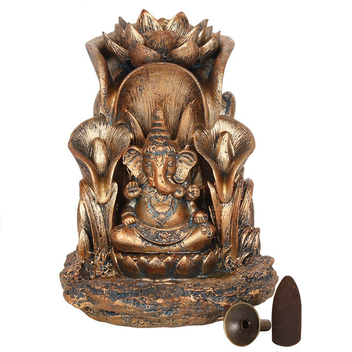 Ganesh and lotus leaf backflow incense cone burner, with a bronze effect finish.