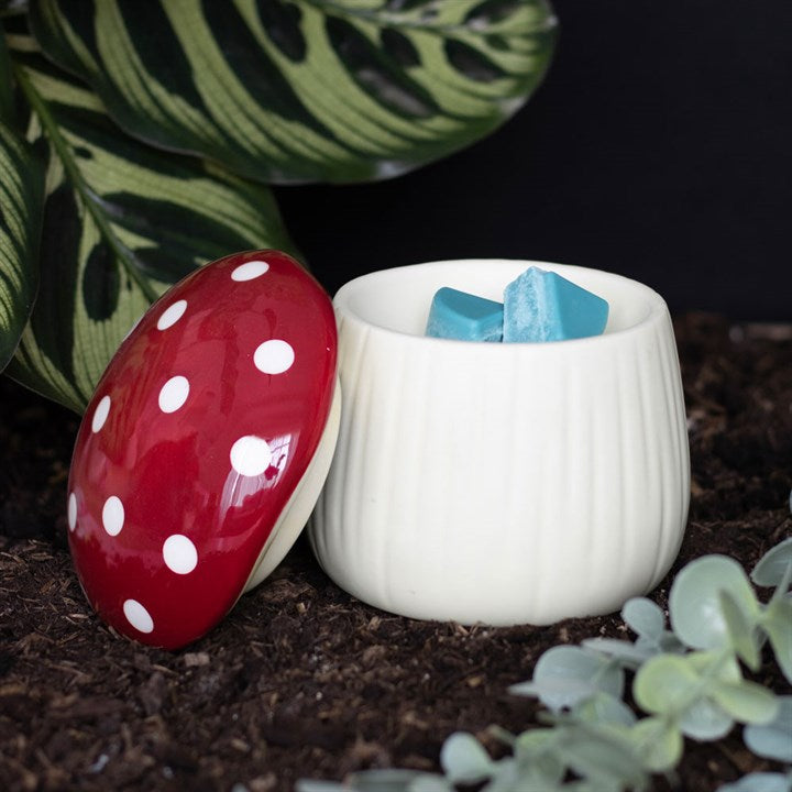 Mushroom (fly agaric) shaped wax melter and oil burner with removable lid.