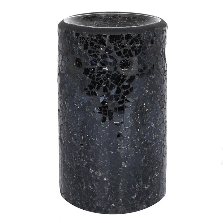 Tall black wax melter and oil burner with glass crackled detailing.