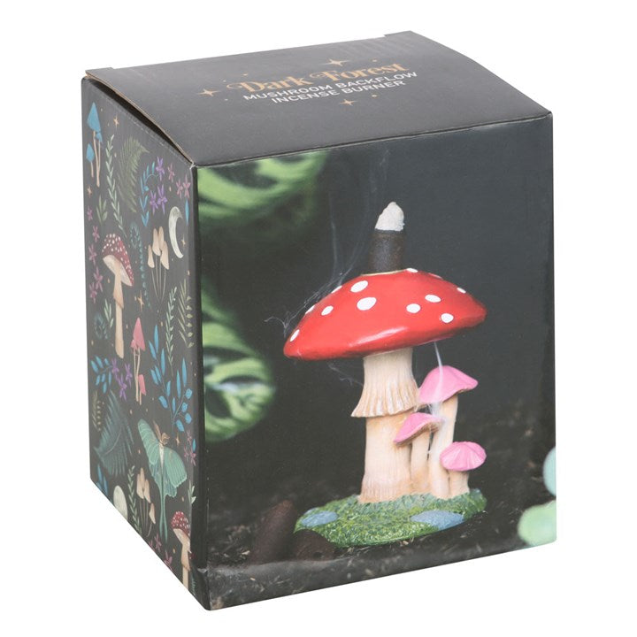 Whimsical toadstool shaped backflow incense cone burner. Presented in a themed box.