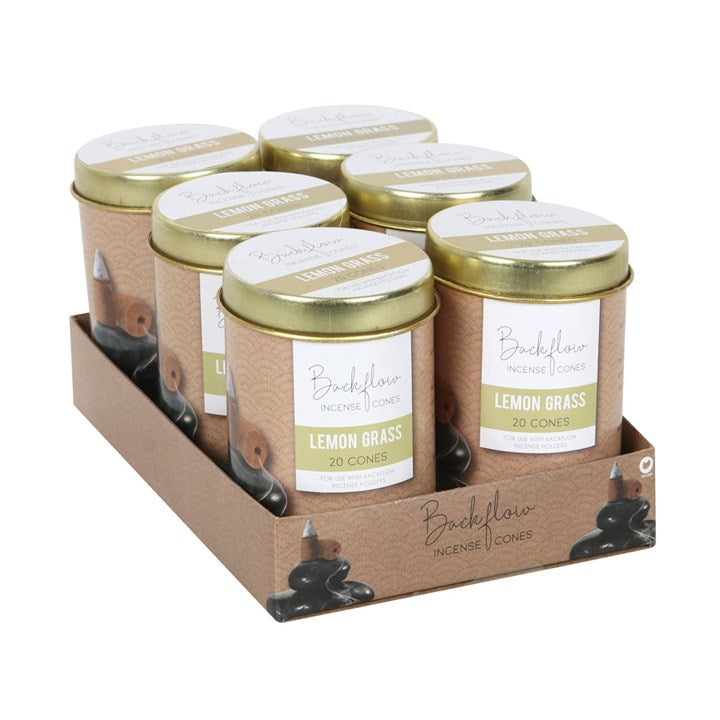 Elements Lemongrass backflow incense cones. Presented in a themed tin with a gold-effect lid.