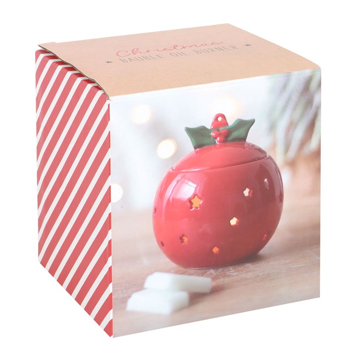 Ceramic wax melter and oil burner shaped like a red festive bauble. Presented in a themed box.
