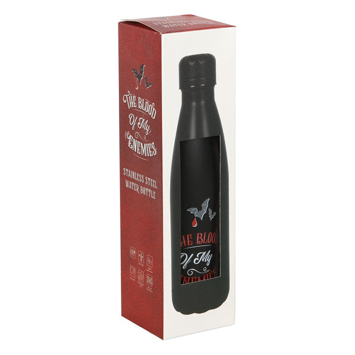 Black stainless steel water bottle with The Blood Of My Enemies text. Presented in themed packaging.