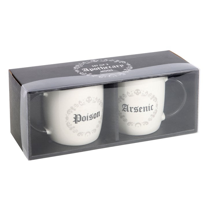 Set of two high quality ceramic mugs with darkly humourous 'Poison' and 'Arsenic' text and complementing gothic icon design. Presented in a themed box.