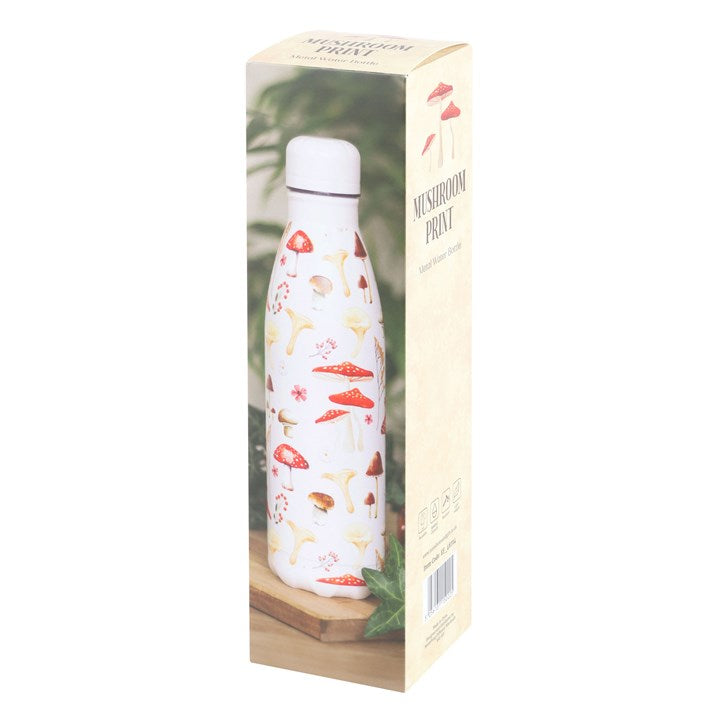 White metal water bottle with traditional toadstool design and screw top lid. Presented in a themed box.