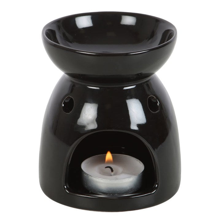 Black gloss ceramic wax melter and oil burner with a luna moth moon-phase design.