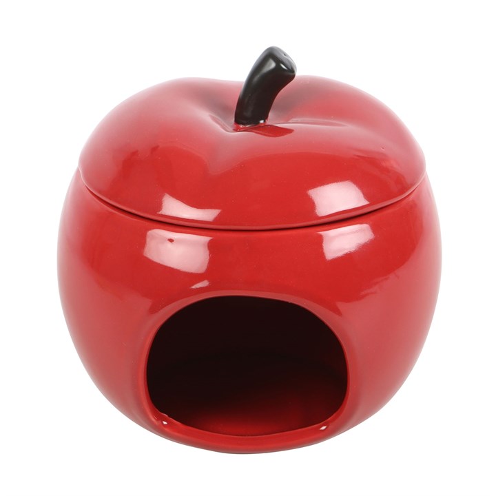 Ceramic wax melter and oil burner shaped like a red apple, with removable lid.