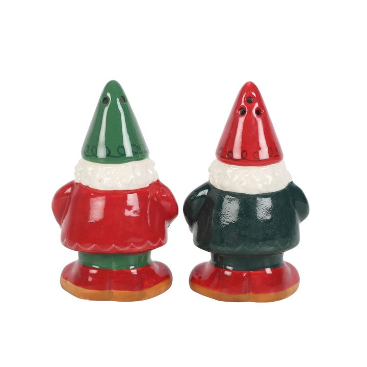 Two ceramic gnome-shaped salt & pepper shakers with red and green hats - reverse view.
