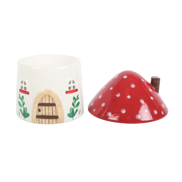 Large-sized mushroom house shaped wax melter and oil burner. With removable lid.