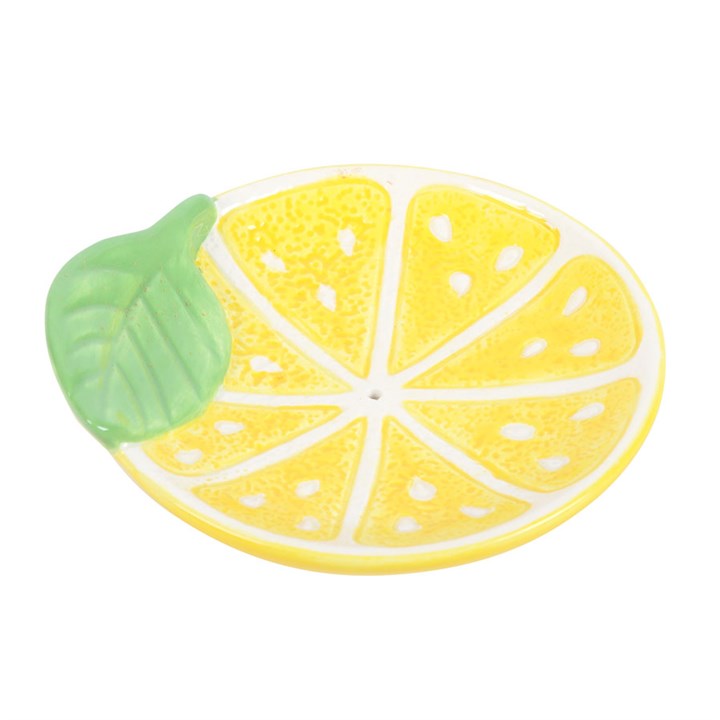 Ceramic lemon slice incense dish for use with incense sticks and cones.