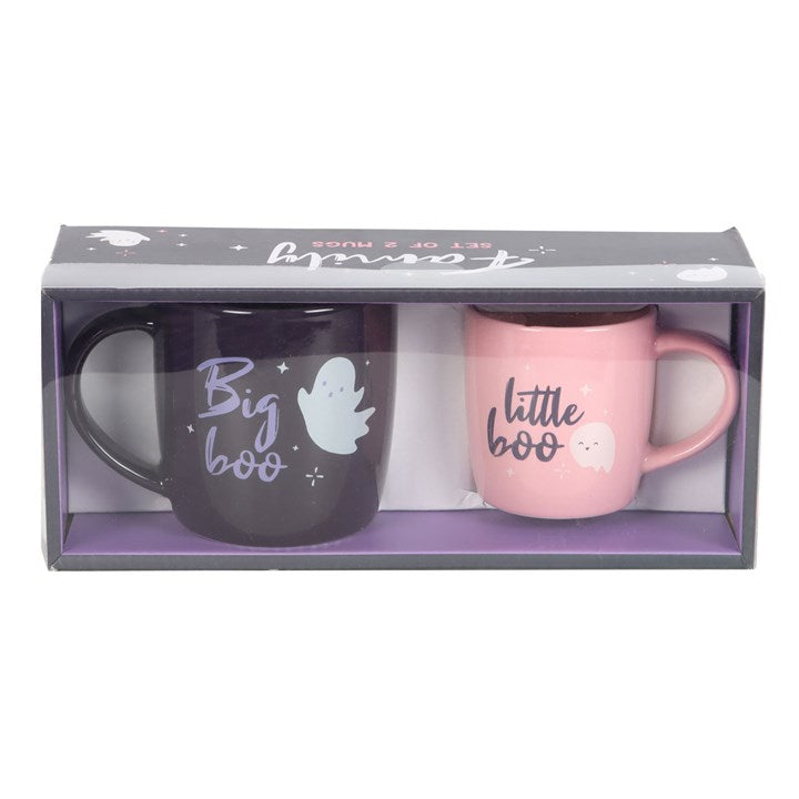 Big Boo & Little Boo family mug set. Big Boo navy mug with larger ghost design. Little boo pink mug with smaller ghost design. Presented in a themed box.