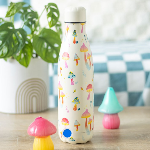 Off white reusable insulated water bottle decorated with brightly coloured, whimsical mushrooms. 