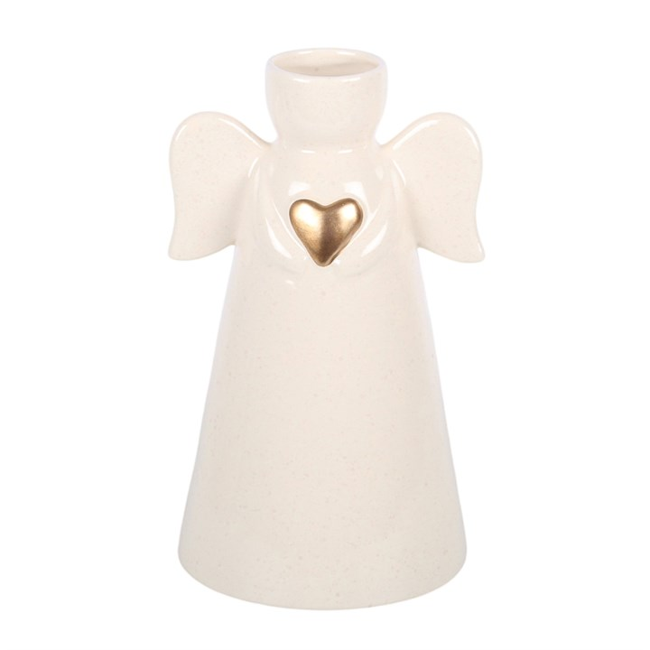 Sentimental ceramic flower vase, shaped like an angel with extended wings and a gold heart embellishment.
