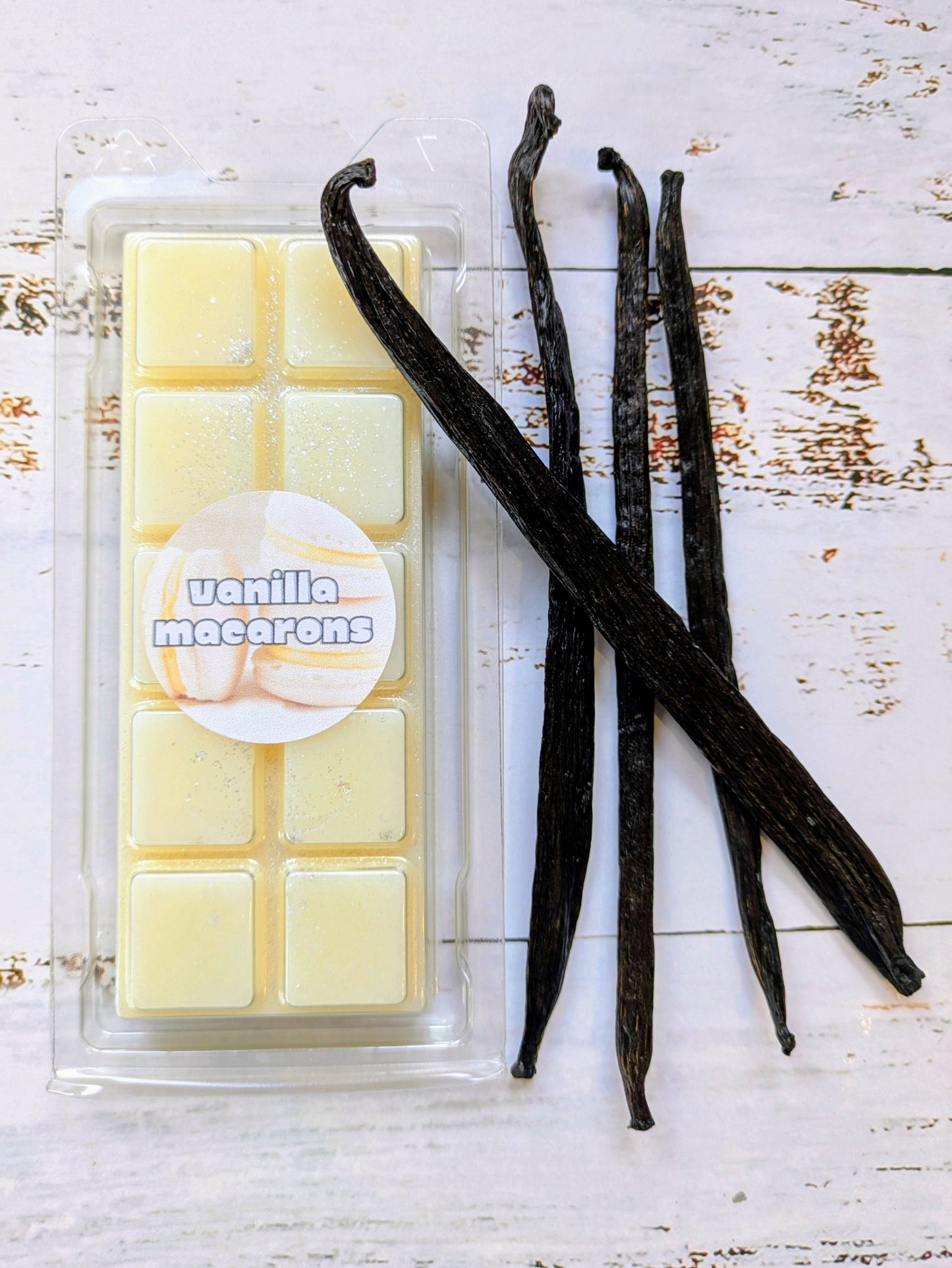 Vanilla Macarons coconut wax melt. Cream snap bar with shimmer accents. 