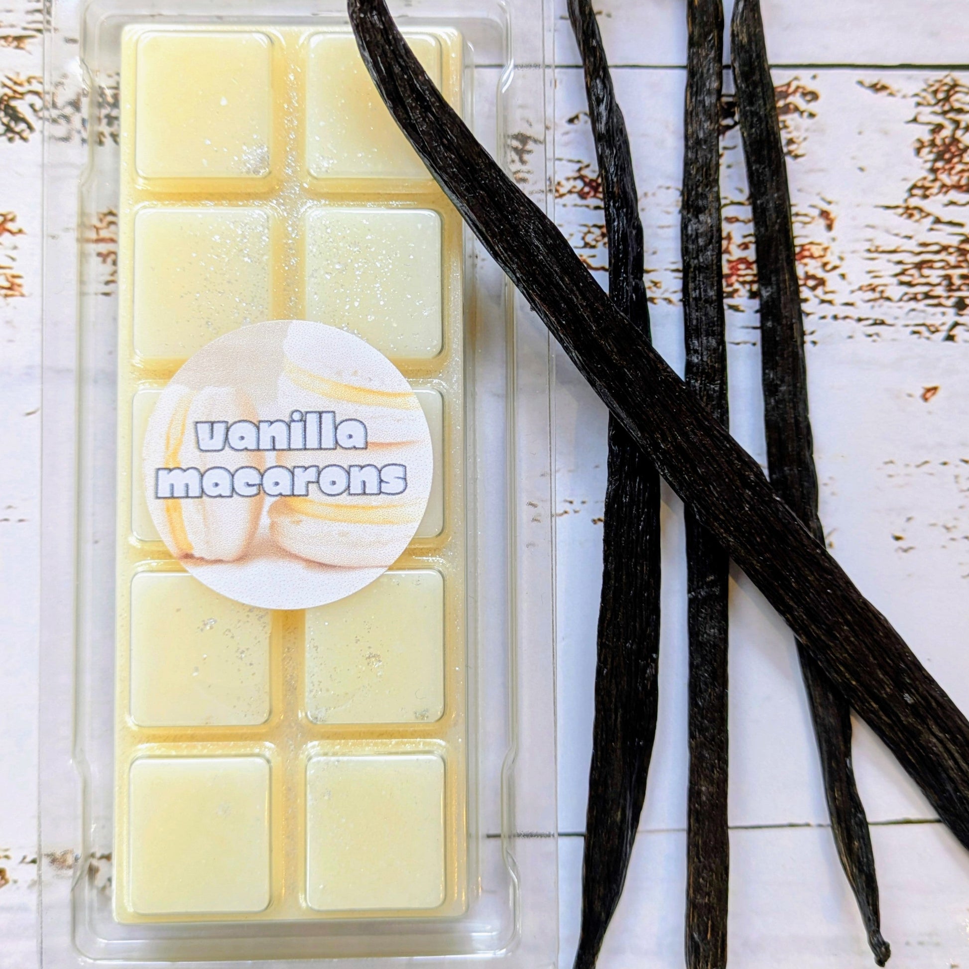 Vanilla Macarons coconut wax melt. Cream snap bar with shimmer accents. 