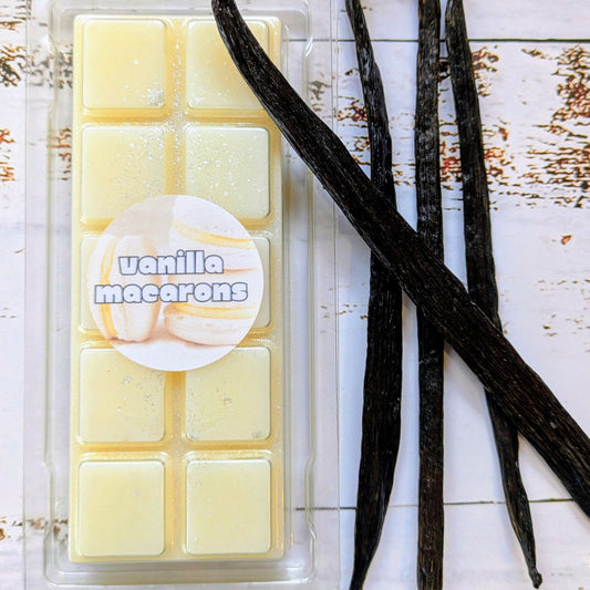 Vanilla Macarons coconut wax melt. Cream snap bar with shimmer accents. 