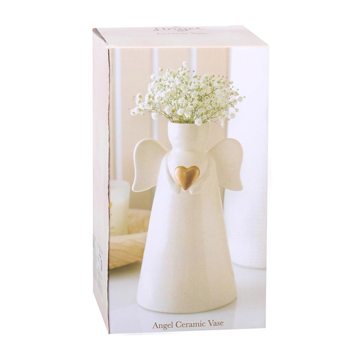 Sentimental ceramic flower vase, shaped like an angel with extended wings and a gold heart embellishment. Presented in a themed box.