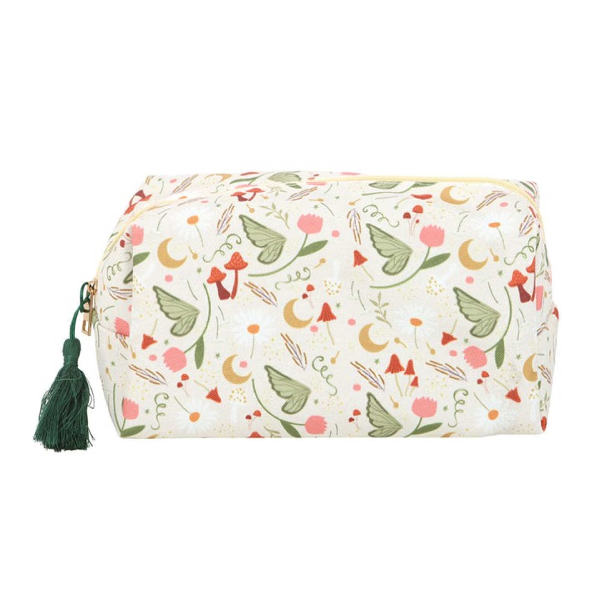Zip-close polyester makeup bag with a whimsical fairy-lore design and teal tassel zip.
