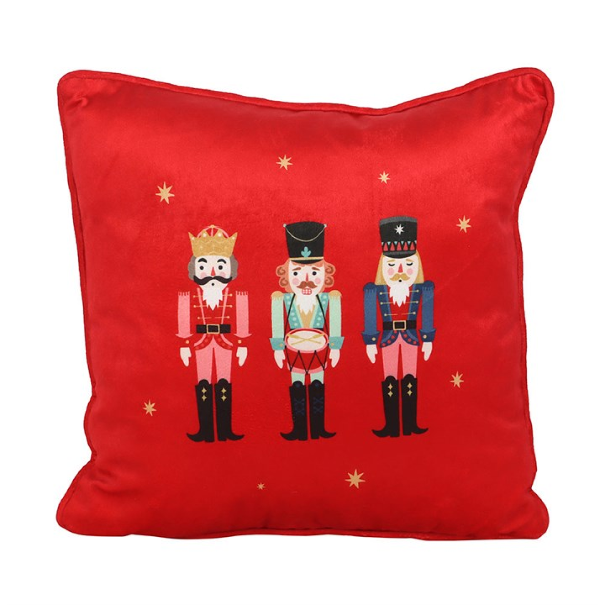 Red square christmas cushion with a trio of traditional nutcrackers and golden star embellishments. 