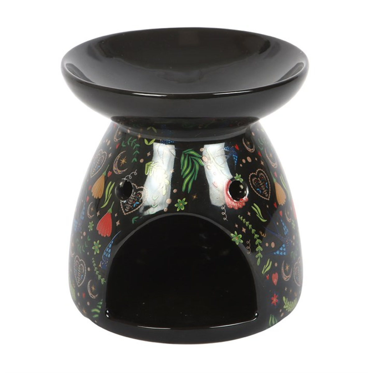 Black gloss ceramic wax melter and oil burner with folksy fauna and flora print. 