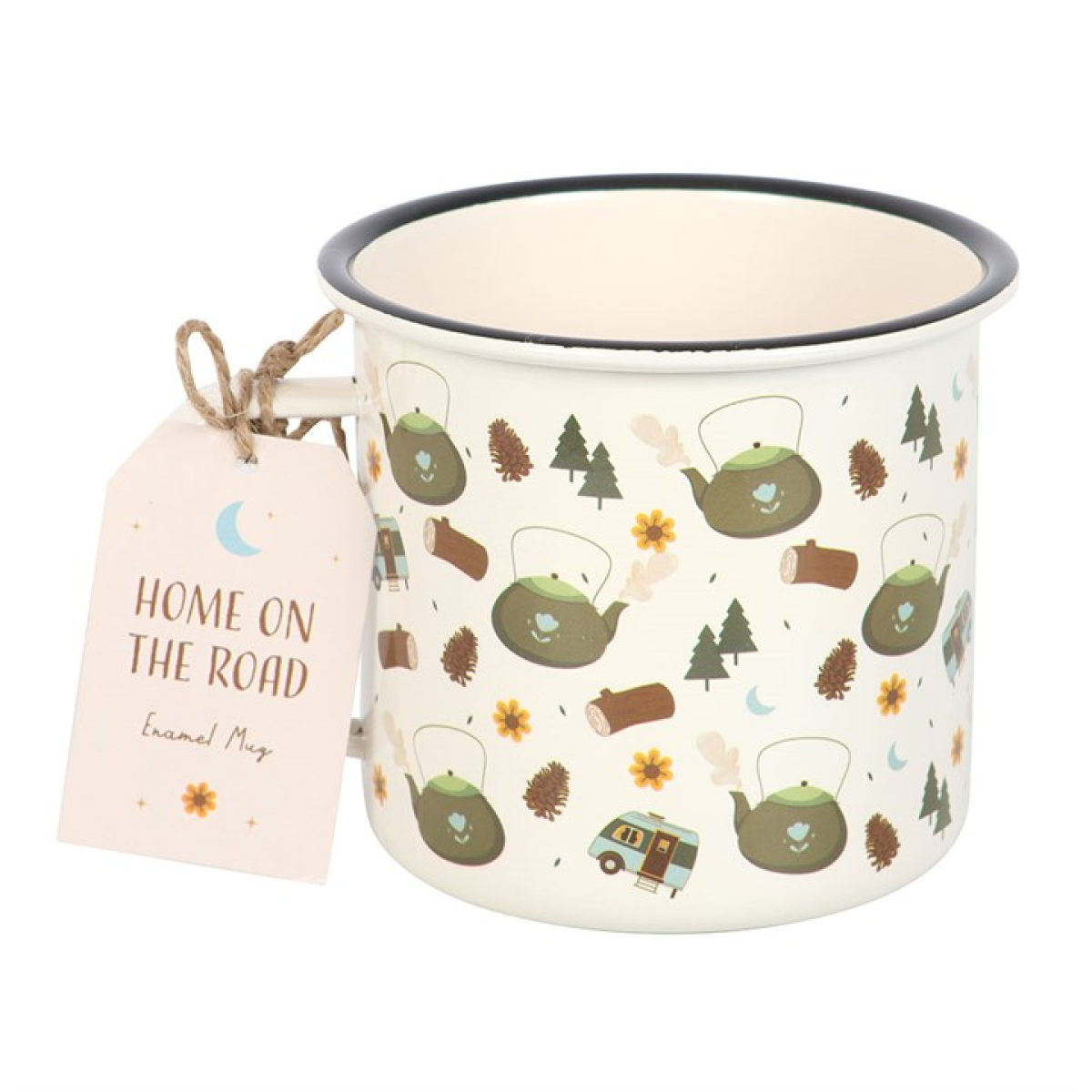 Enamel mug with camping-inspired pattern on a white background.