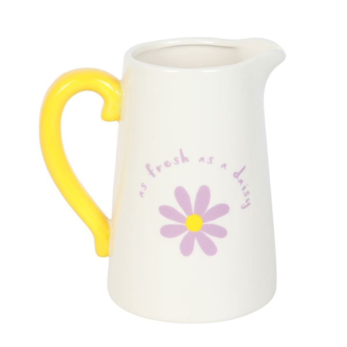 White ceramic flower jug with purple floral design, fresh as a daisy text and yellow handle. 