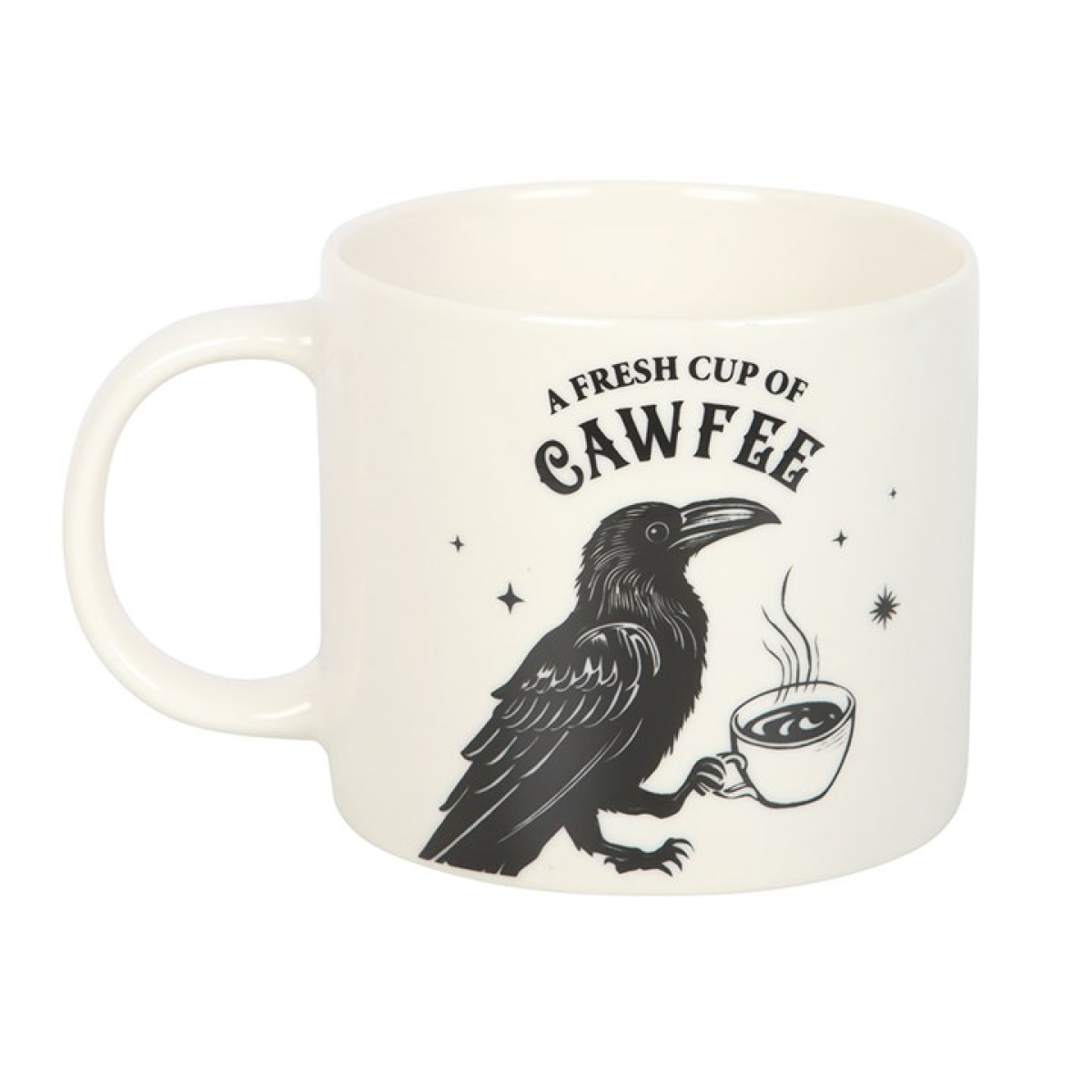 White ceramic mug with a cheeky gothic design - a raven holding a steaming cup of coffee - with 'A Fresh Cup of Cawfee' text.