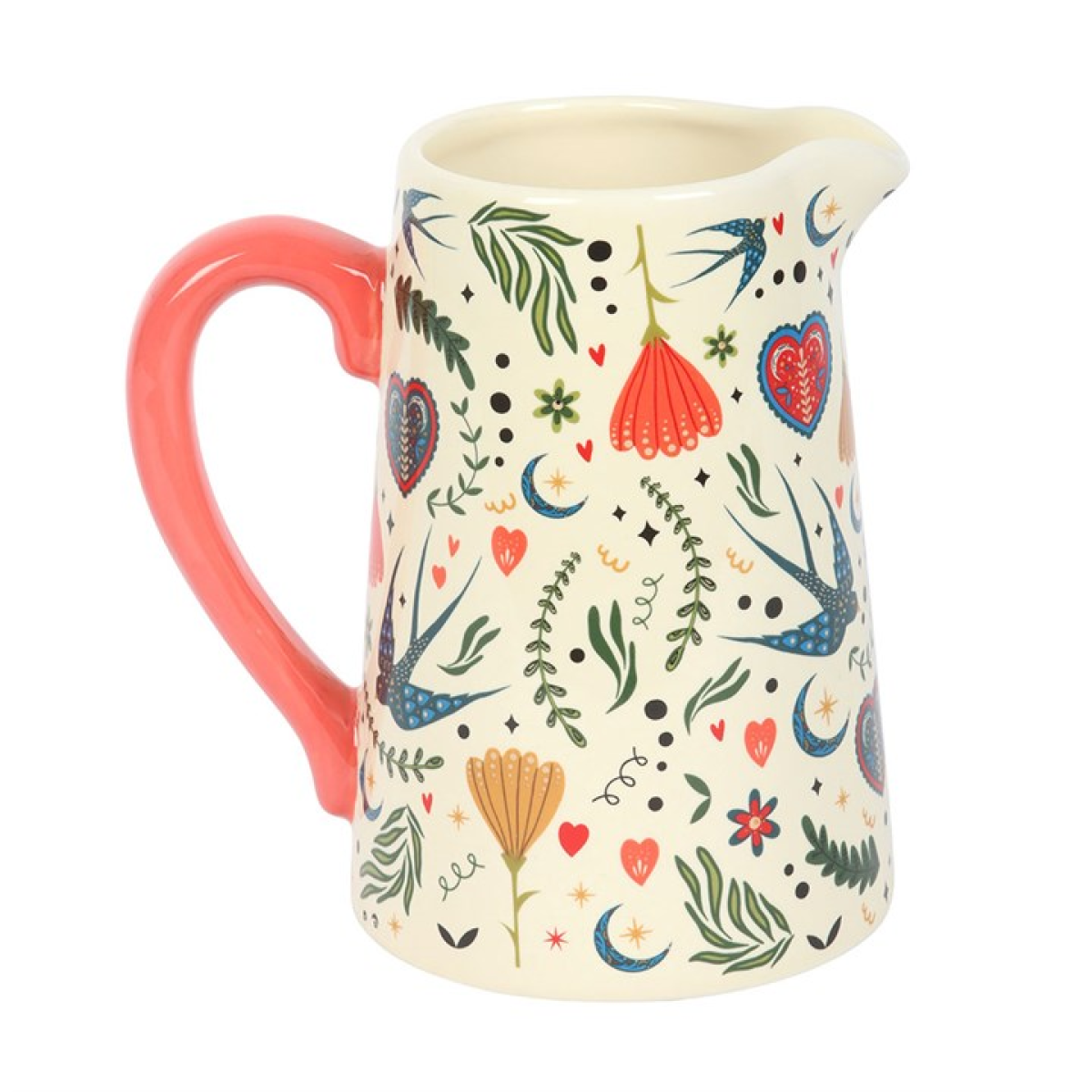 Bohemian flower jug with folk-style motif and pink handle.