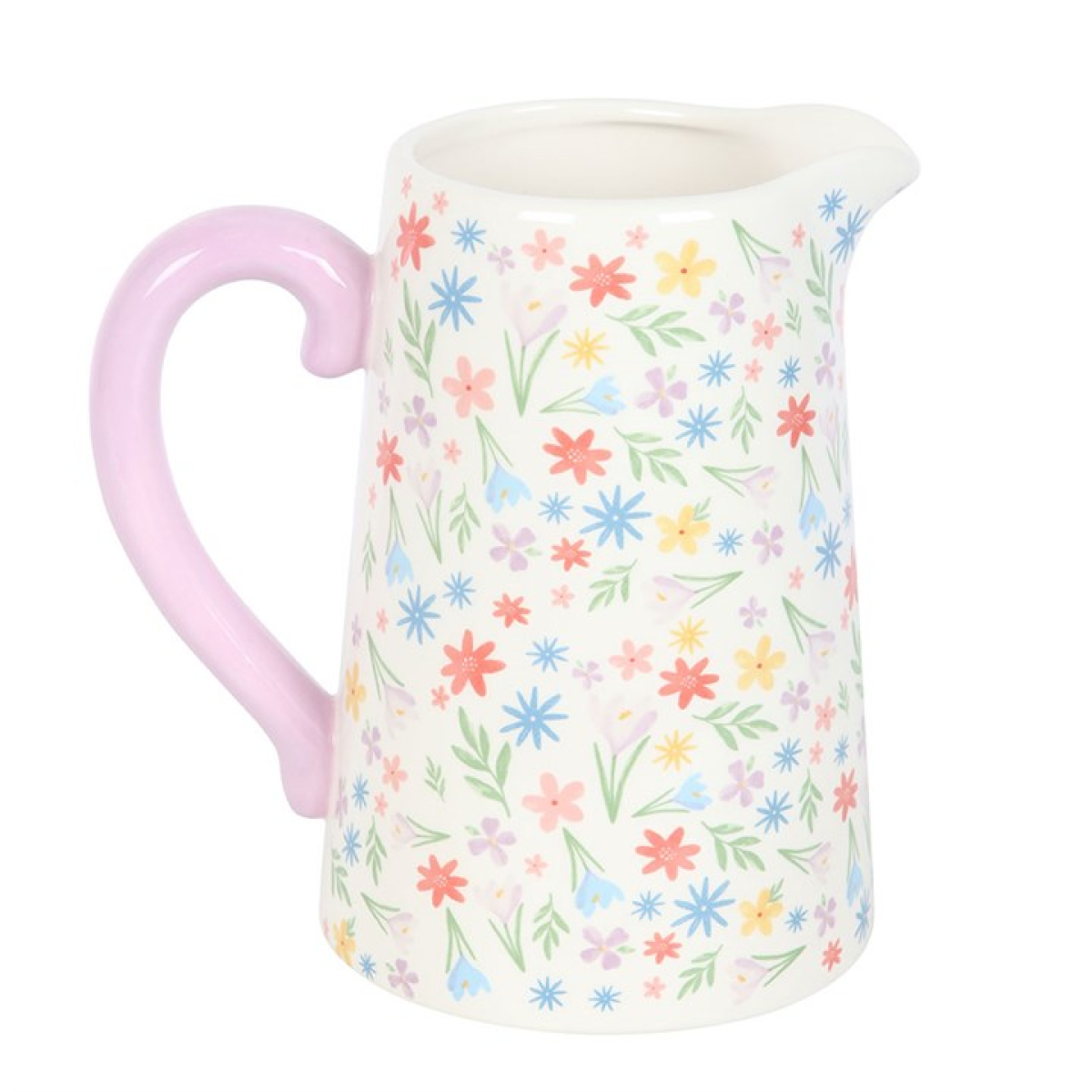 white ceramic flower jug with pastel floral motif. 