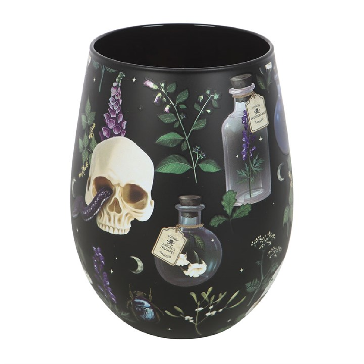 Black stemless wine glass covered in a poisonous plants, potion bottle and skull motif.