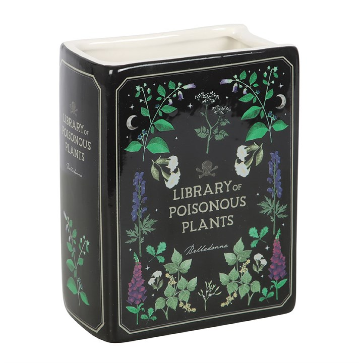 Library of Poisonous Plants book-shaped ceramic flower vase.