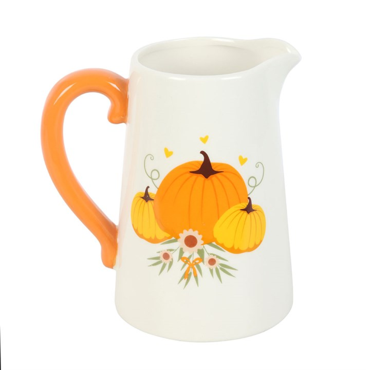 White pitcher flower jug with trio of pumpkin motif and orange handle. 