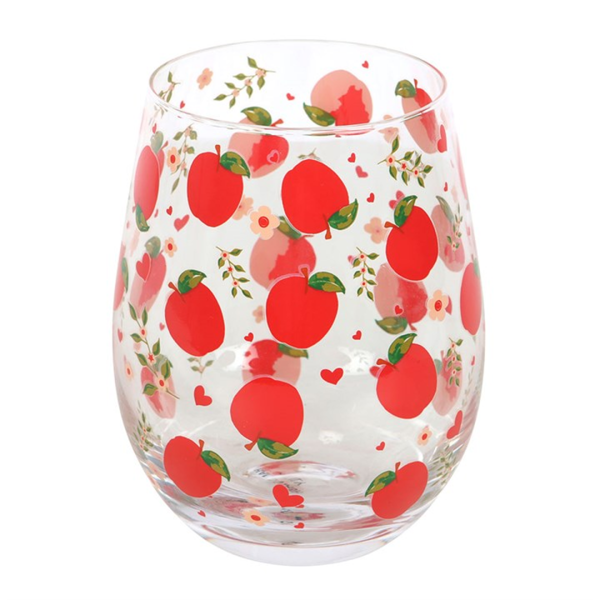 Clear rounded water glass covered in a red apple motif.
