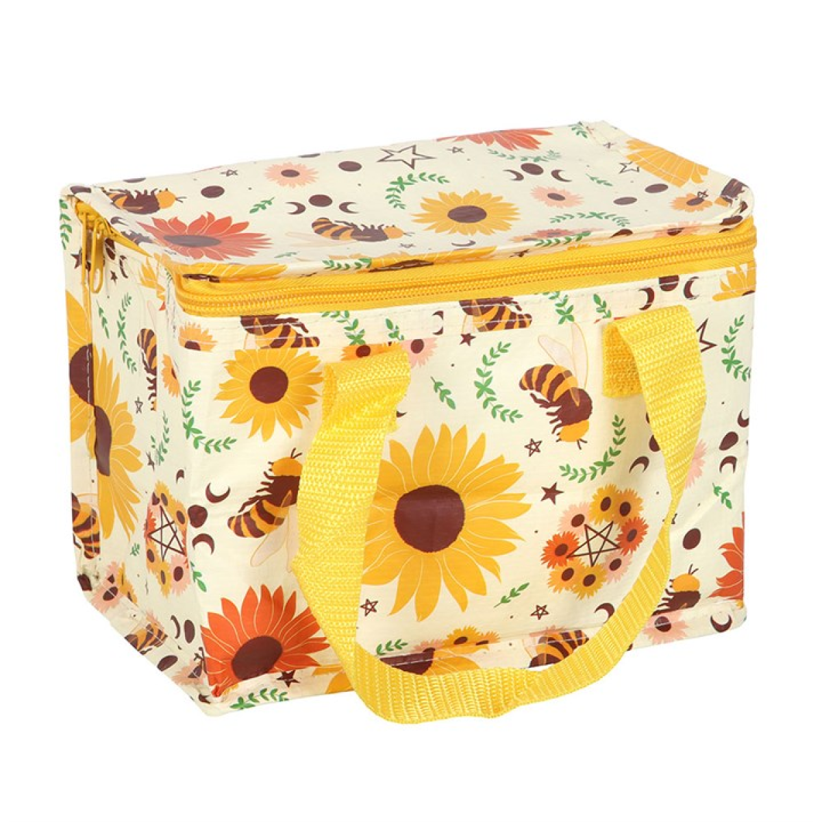 Insulated reusable lunch bag with summer solstice-inspired pattern.