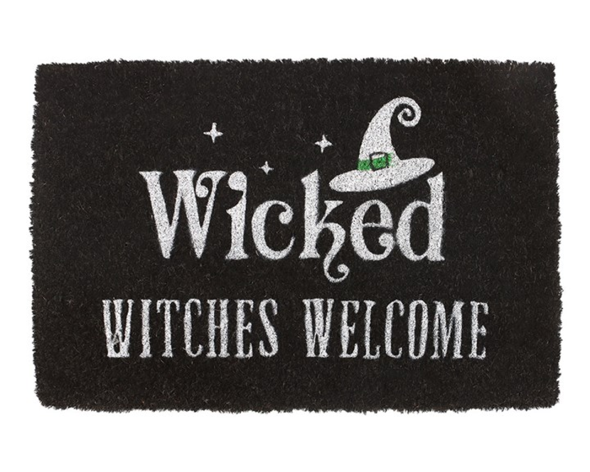 Black decorative doormat with 'Wicked Witches Welcome' text and a witch's hat graphic on black background.