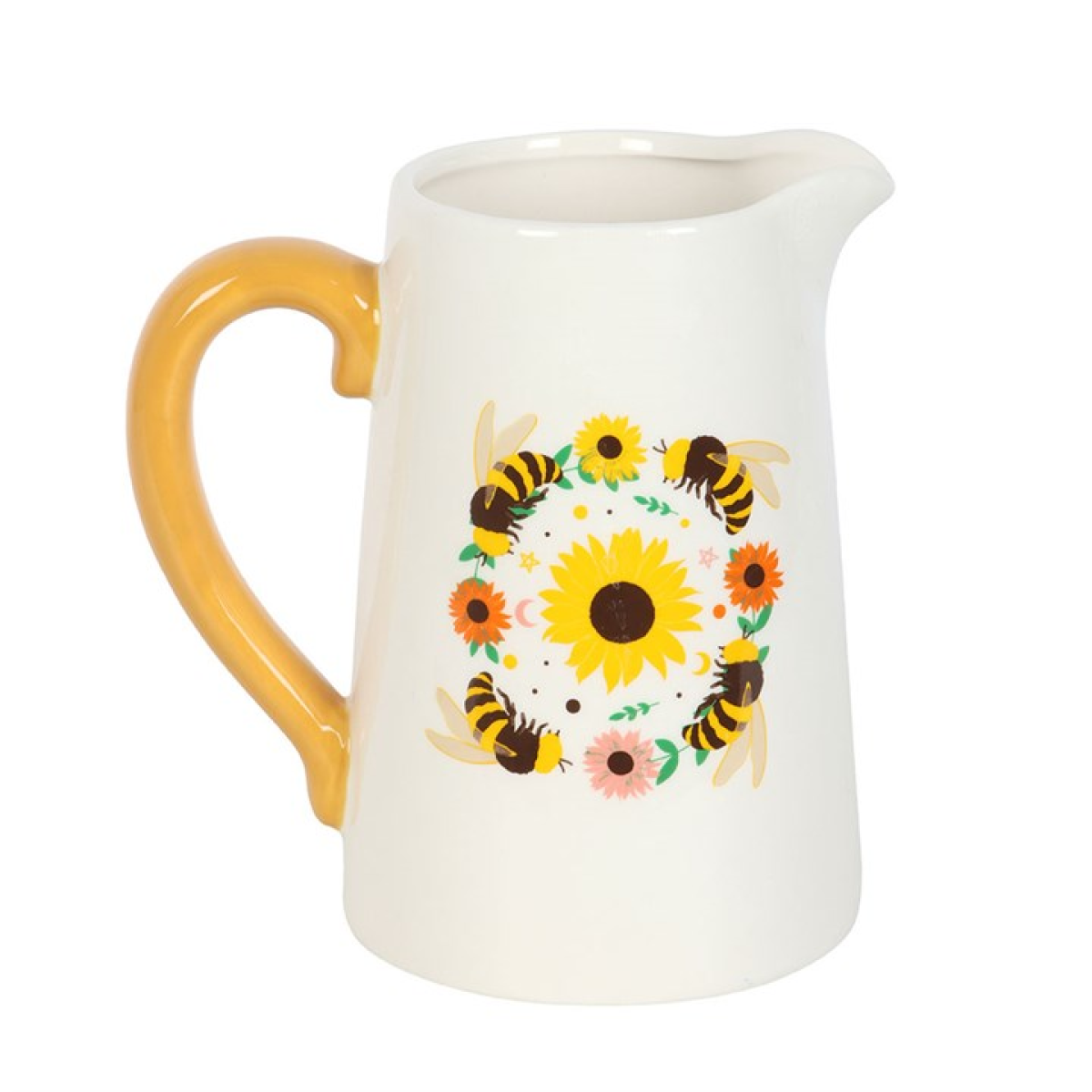 White flower jug pitcher featuring sunflower and bee motif with colourful yellow handle. 