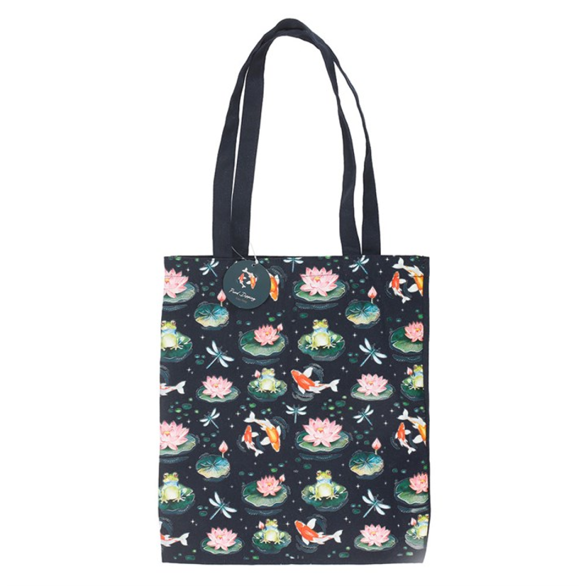Navy canvas tote bag with koi and lily-pad motif.