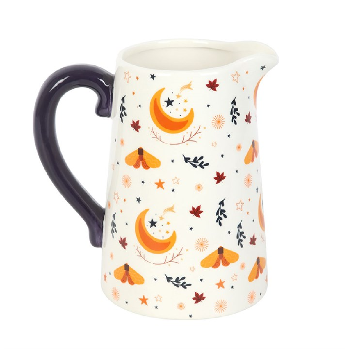White ceramic flower jug with harvest moon motifs including crescent moons, moths and floral accents.