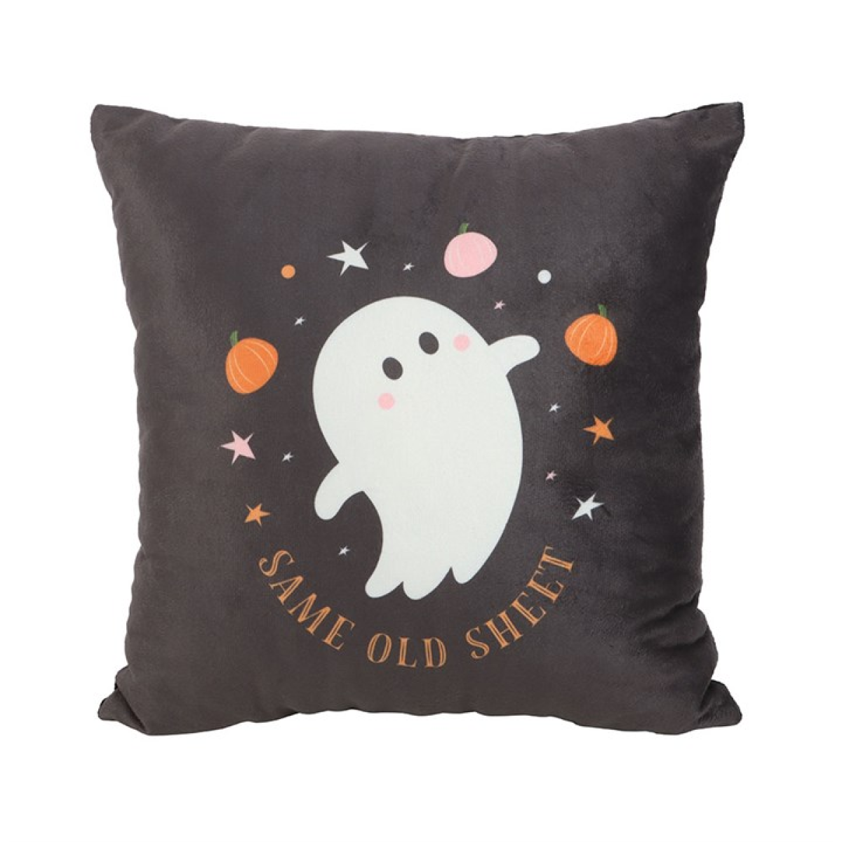 Black square throw cushion with tongue in cheek 'Same Old Sheet' text and adorable ghost motif. 