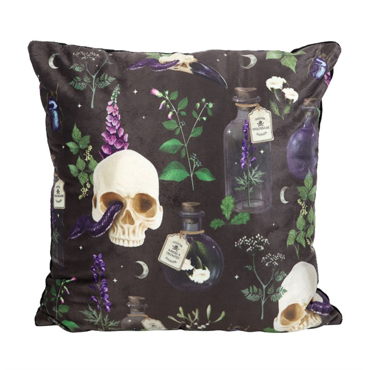 Square cushions with skulls, serpents and poisonous plants motif.