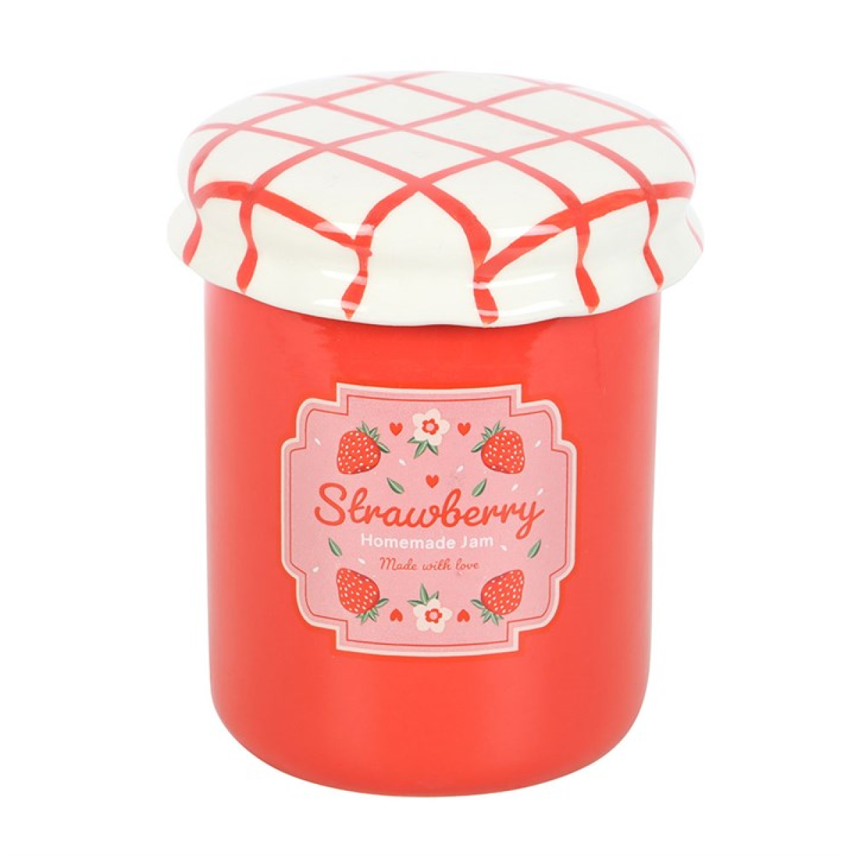 Strawberry jam jar shaped ceramic wax melter with gingham lid.