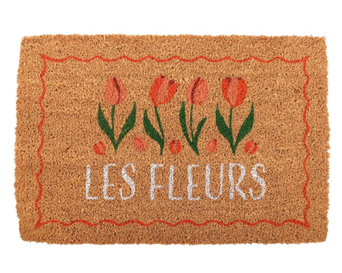 Decorative natural doormat with tulip design and 'Les Fleurs' text.