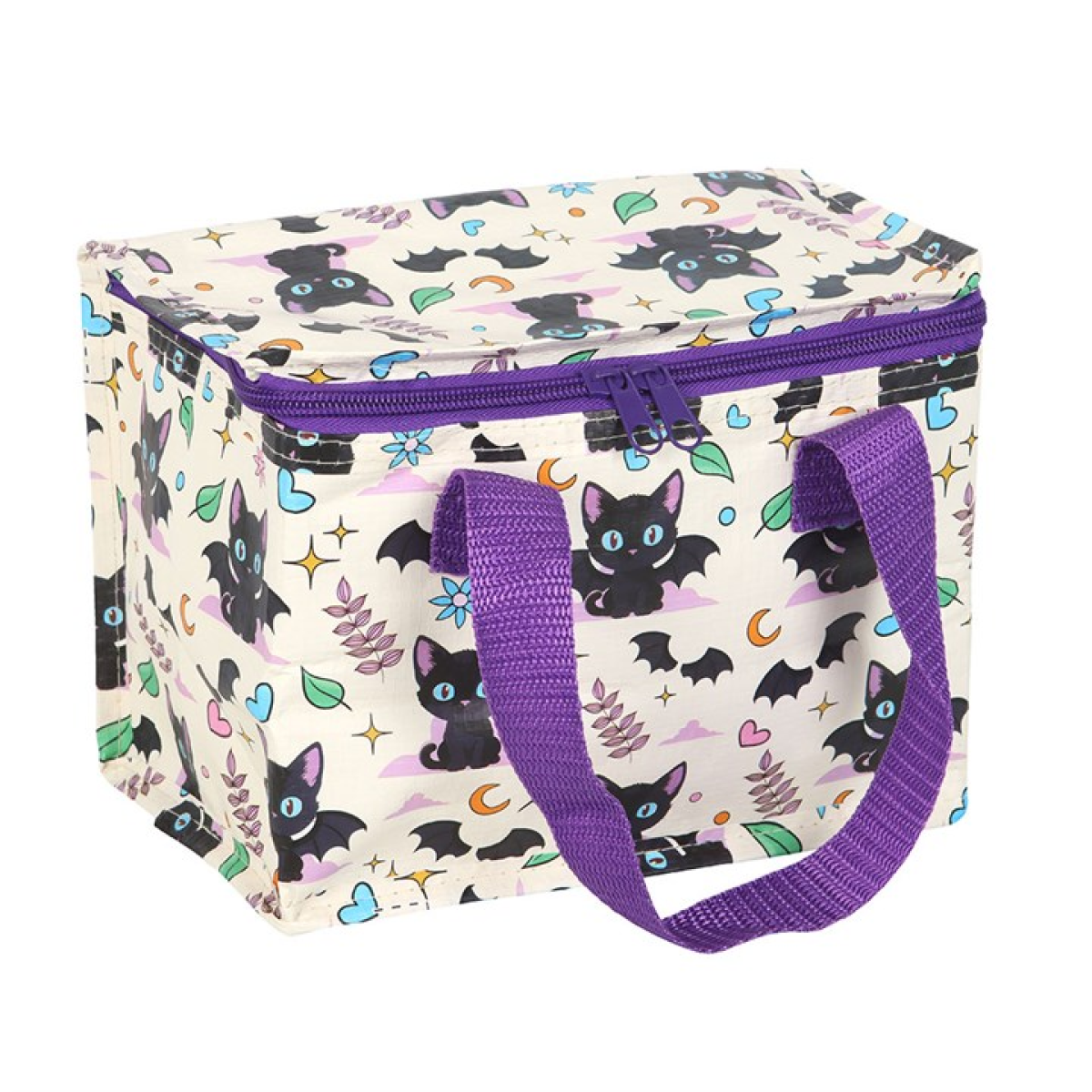 Insulated lunch bag with adorable cute and creepy cat pattern. 
