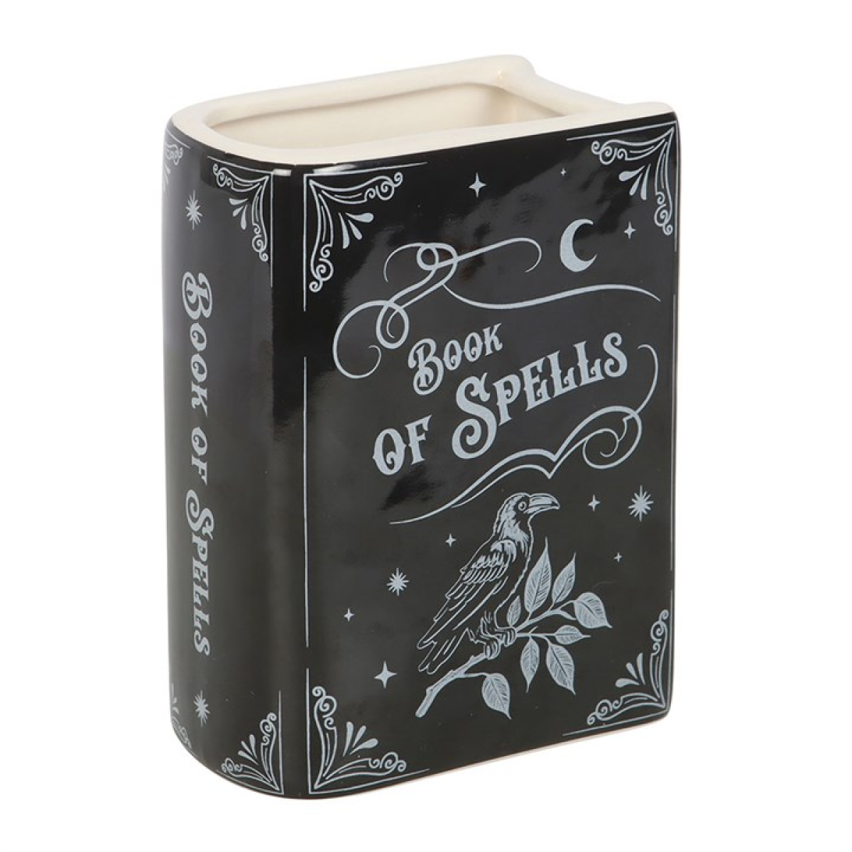 Book-shaped ceramic vase designed as an upright book of spells, complete with raven detailing. 