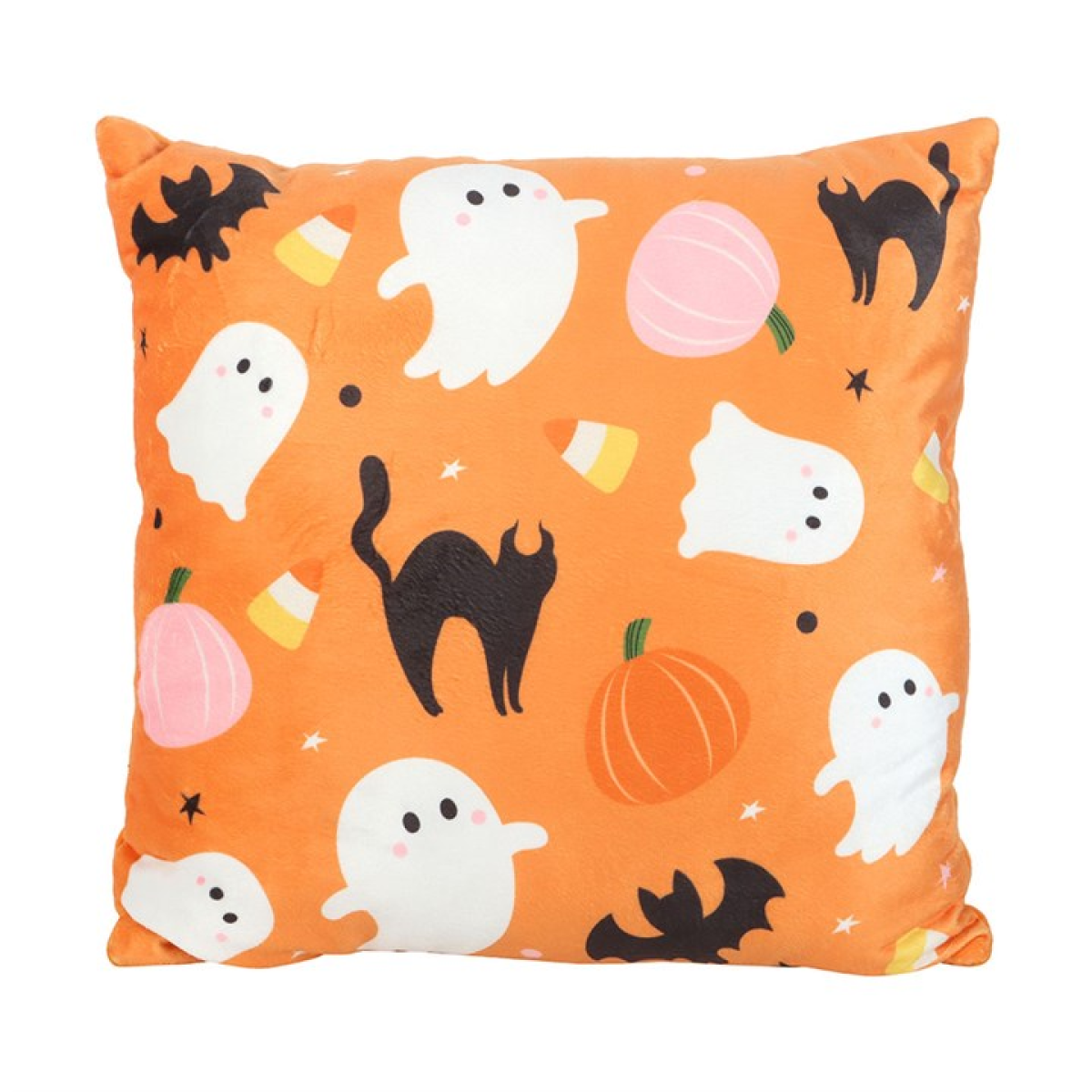Square orange throw cushion with an adorable Halloween theme, including ghosts, cats, bats, candy corns and pumpkins. 
